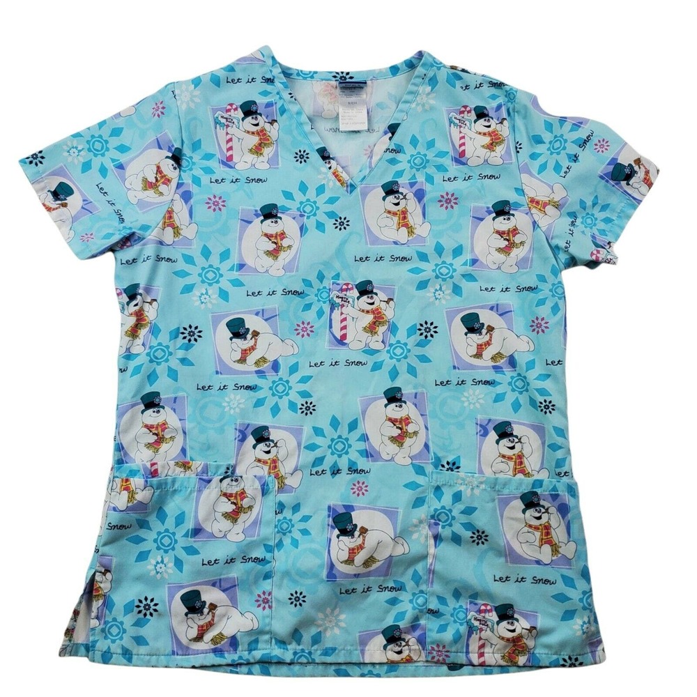 CC - Frosty The Snowman Women Scrub Top Shirt Small Winter Christmas Blue Frozen